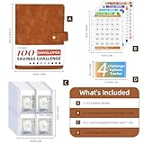 DONBAO 100 Envelopes Money Saving Challenge Binder, A5 Budget Binder with Envelopes and Challenge Tracker, 2024 New Savings Challenges Planner Book to Save $500, $1000, $5050, $10000 (Brown)