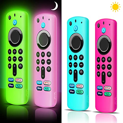 (4 Pack) ONEBOM Silicone TV Remote Case Cover, Anti-Slip Lightweight Silicone Protective Control Case with Lanyard（Glow Green&Glow Pink&Sky Blue&Rose Red）
