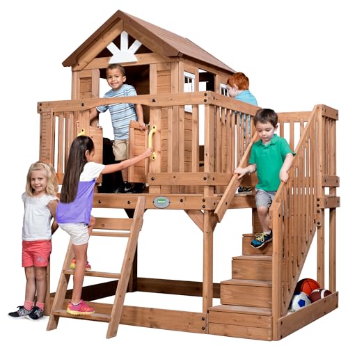 Backyard Discovery Scenic Heights Elevated Cedar Wooden Kids Playhouse with Play Kitchen, Wrap-Around Deck, Toy Storage Bench, Saloon-Style Doors, Ladder, Stairs, and Growth Chart for Outdoor Play