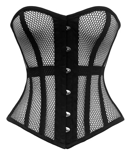 Overbust Mesh Corset Black Waist Training Steel Boned Heavy Duty Mesh Black Corset (US, Alpha, Medium, Regular, Regular, Black)