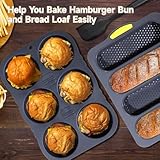 OMISTAR 3 PCS Silicone Baguette Pan and Hamburger Bun Pan Set,Non-stick French Bread Baking Mold,4 Wave French Bread Baking Tray,6 Cup Hamburger Bun Mold with Scraper