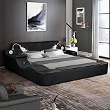 King Size Multifunctional Luxury Bed Frame with Adjustable Leather Headboard Massage Recliner The Left,Storage Shelf The Right & Charging Port,Bluetooth Speaker and Storage Footstool (Black 1)