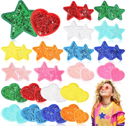 Embroidered Sequin Iron on Patches for Clothing: KINGSOW 40Pcs Preppy Shiny Star Patch with Adhesive for DIY Crafts - Cute Heart Sew On Applique for Jackets Hats Backpacks Shirts Jeans