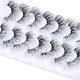 Glitter Lashes Dramatic False Eyelashes with Shinny Glitter Decorative Colored Lashes Glow in the Dark Faux Mink Eyelahses Cat Eye Strip Lashes Pack 7 Pairs