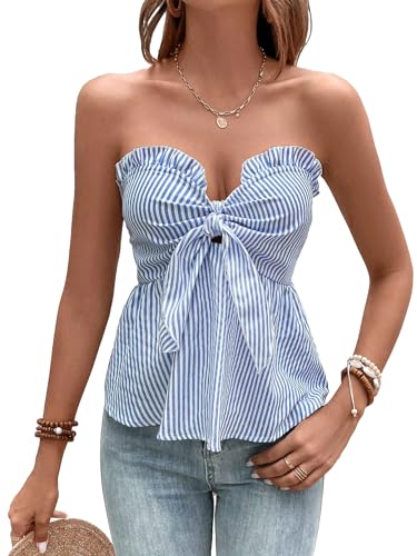 GORGLITTER Women's Strapless Tie Front Tube Peplum Tops Striped Bandeau Bow Cute Summer Casual Trendy Y2K Going Out Top Blue and White Large