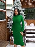 LAGSHIAN Women's Cocktail Bodycon Long Sleeve Mock Neck Mesh Ruched Midi Party Dress Green