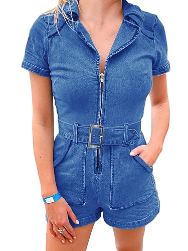 PLNOTME Women's Summer Denim Rompers Zip Up Belted Short Jeans Jumpsuits with Pockets