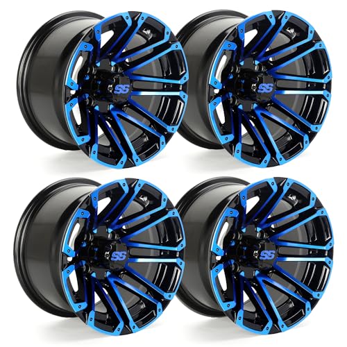 10L0L Golf Cart 12 Inch Aluminum Wheels 12x7 - Oceanic Gloss Blue Elite Finish Set of 4 with SS Center Caps | Lightweight Durable Design for Enhanced Handling & Custom Style