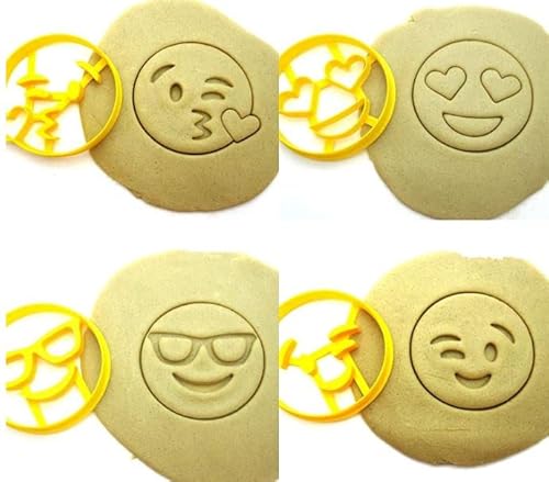 T3D Cookie Cutters Emojis Theme 4pcs Set Cookie Cutter, Face Winking Face Blowing a Kiss Face Heart Eyes Emoji Glasses Suitable for Cakes Biscuit and Fondant Cookie Mold for Homemade Treats