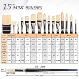 Falling in Art Natural Bristle Professional Paintbrush Set, 15PCS Long Handled Paint Brushes for Acrylic Painting, Oil Paint Brushes of Fan, Round, Flat, Angled, and, Filbert with Bamboo Storage Pouch