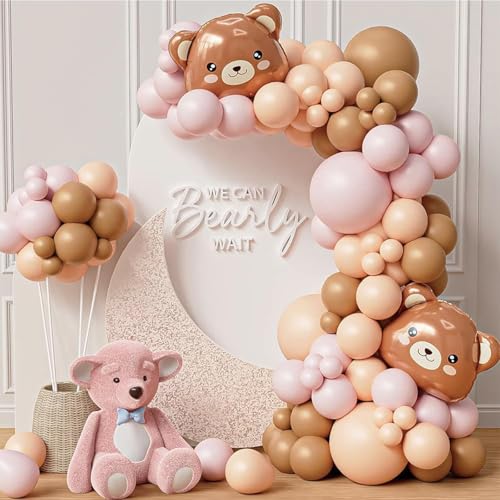 Pink Bear Balloon Garland Arch Kit 121pcs Pink and Brown Balloons with Bear Foil Balloons for We Can Bearly Waits Theme Baby Shower Birthday Party Supplies