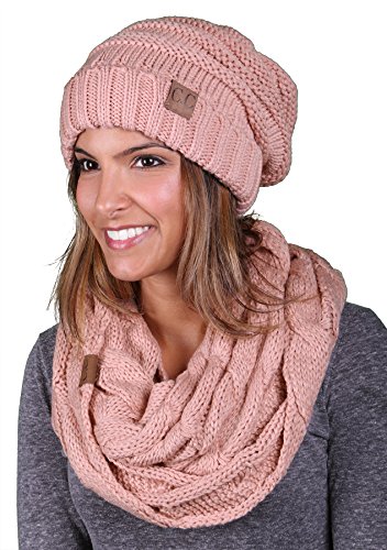 Funky Junque Women's Fun Infinity Scarf Set: Oversized Slouchy Beanie and Scarf for Women, Cozy Chunky Knit - Indi Pink