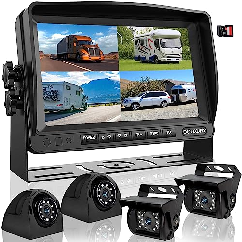 RV Backup Camera System with 7'' Quad Split 1080P Monitor for Truck Trailer Semi Camper Bus & 4 AHD Rear Side View Camera with DVR Record Function IP69 Waterproof Night Vision Avoid Blind Spot DOUXURY