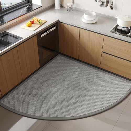 YDKGL Corner Kitchen Rugs Non Slip Washable, Rubber Backed Circular Sector Kitchen Mats for Floor, Super Absorbent Imitation Jute Braided Kitchen Floor Mat for Sink Corner Areas, Gray Radius 47"