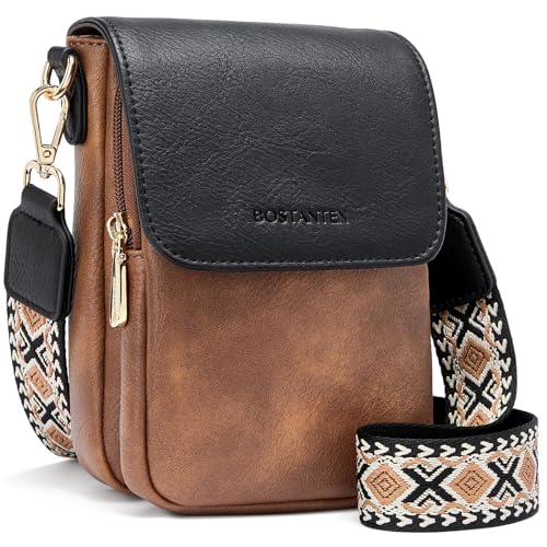 BOSTANTEN Small Crossbody Bags for Women Cell Phone Purse Leather Wallet Handbags with Card Slots Black with Brown