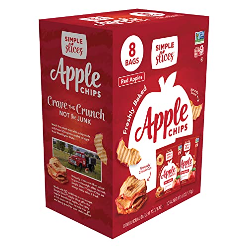 Simple Slices Gourmet Nut Baked Apple Chips, USA Grown Sliced Dried Apples, Healthy Vegan Snack For Adults & Kids, Naturally Sweet, No Added Sugar, Red Apples.75oz Individual Bags (8 Pack Box)