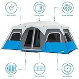 CORE 12 Person Instant Cabin Tent with LED Lights | Large 3 Room Family Lighted Pop Up Tent for 2 Minute Camp Setup | Included Storage Pockets for Camping Accessories