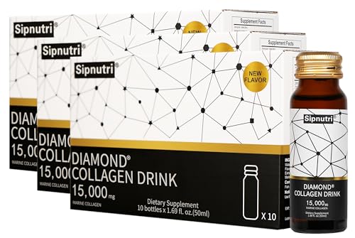 Sipnutri Diamond Liquid Collagen Drink, 15000 mg Hydrolyzed Marine Collagen Peptides with Vitamin C, Pomegranate, Healthy Hair Skin Nails Joints Bones Support, 50 ml x 10 Bottles (3 Boxes)