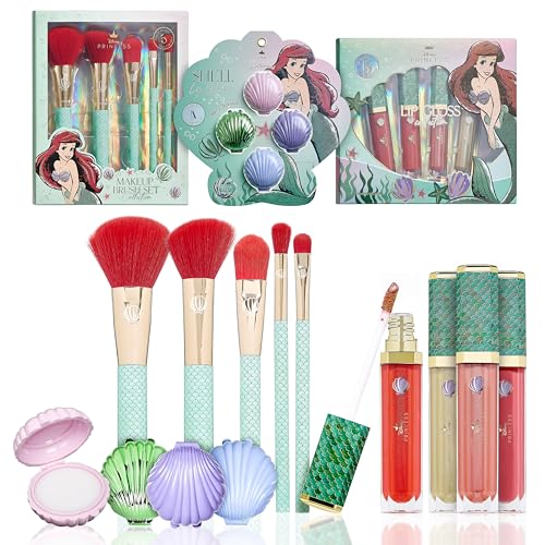 Disney Belle Maison Cosmetic Makeup Set, Makeup Essential, Princess Ariel - Includes 5pc Makeup Brush, 4pc Lip Gloss, 4pc Lip Balm