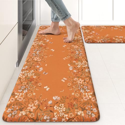 KIMODE Anti Fatigue Kitchen Mats Cushioned, Boho Floral Kitchen Rugs Sets of 2, Non Slip Kitchen Mat for Floor, Memory Foam Standing Desk Mat for Laundry Office Sink Desk Orange 17"x47"+17"x29"