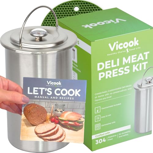 Vicook Deli Meat Press Kit - Stainless Steel Lunch Meat Press with Thermometer, Trivet, Manual & Recipes All in One box, Ham Maker Meat Press Mold for Cooking Deli Meats, Homemade Lunch meat Maker
