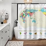 Updated World Map Fabric Shower Curtain, Map of The World with Detailed Major Cities Shower Curtains for Kids, Geography Educational Bathroom Curtain, Large Home Decor Wall Map, 71" x 71"