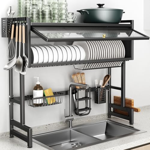 Over The Sink Dish Drainer Drying Rack 3 Tiers with Cover, Keep Kitchen Sink Shlef Organized Space-Saving Dish Drying Rack, Large Stainless Steel Sink Drying Rack for Dishes, Bowls, Cutlery (33.4"W)