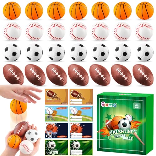 Garma 28 Pack Valentines Gift Cards with Mini Foam Sport Balls Bulk Toys for Kids Classroom Exchange Prizes and Goodie Bags Stuffers, Valentines Stress Relief Party Favor Toys