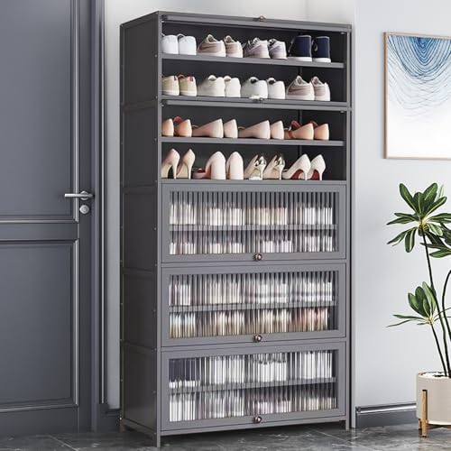 walkclpck Bamboo Shoe Cabinet with Acrylic Door,10-Tier Shoe Storage Rack, 40-45 Pairs Freestanding Shoe Rack, Entrance Shoe Cabinet for Hallway Living Room