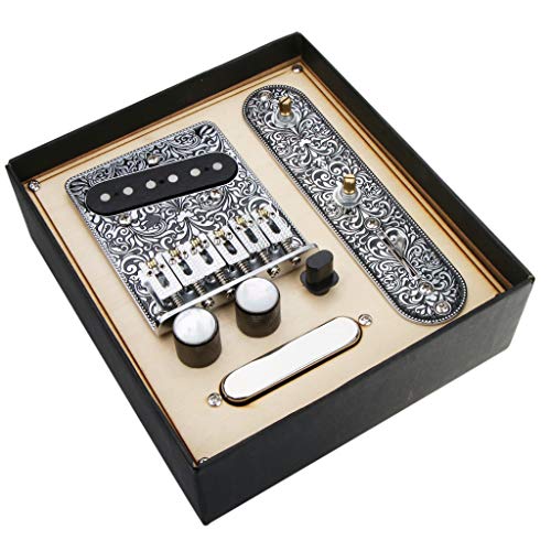 Alnicov 6 Strings Saddle Bridge Plate, 3 Way Switch Control Plate, Neck Pickup Set for Fender Telecaster Electric Guitars Replacement Parts (Black)