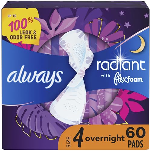 Always Radiant Feminine Pads for Women, Flexfoam Pads with Wings, Size 4, Overnight Absorbency, Lightly Scented, 60 Count (Packaging May Vary)