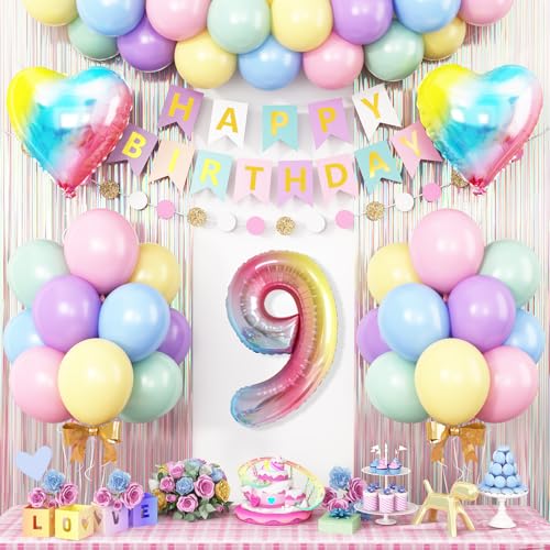 9th Birthday Decorations Rainbow,Gradient Number 9 Balloon,Pastel Happy Birthday Banner Fringe Curtain Heart Foil Balloons Boys Girls 9 Year Old Decor