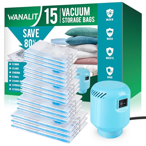 Vacuum Storage Bags with Electric Air Pump, New Air Valve Combo 15 Pack Space Saver Bag, Vacuum Sealer Bags for Clothes, Blanket, Duvets, Pillows, Comforters, Travel, Two Compressing Ways