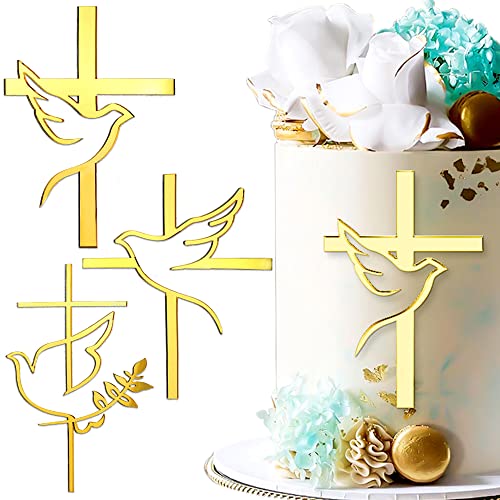 Mirror Acrylic Cake Topper - Dove Cross for Baptism, First Communion, Baby Shower, Birthday - Christian Party Decorations, DIY Cupcake Supplies, 3pcs