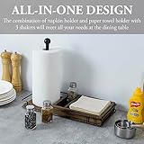 MyGift Rustic Kitchen and Dining Combo Caddy - Burnt Solid Wood and Industrial Matte Black Metal Paper Towel Roll Dispenser Stand, Napkin Holder, Spice Rack with 3 Shakers