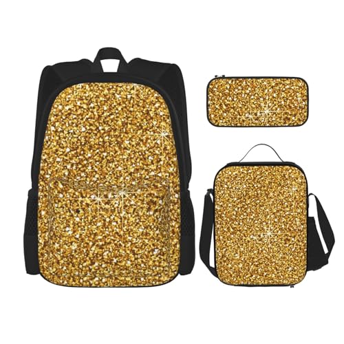 Yiubdhon Shiny Golden Glitter Stars Backpack 3PCS Backpack Set 17 IN Computer backpack Laptop Backpack