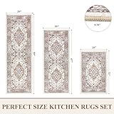 Pauwer Kitchen Rugs Sets of 3 Non Slip Washable Kitchen Mats for Floor Farmhouse Kitchen Floor Mat Runner Rug Boho Kitchen Sink Rug Carpet for Kitchen Hallway Laundry Room, Beige