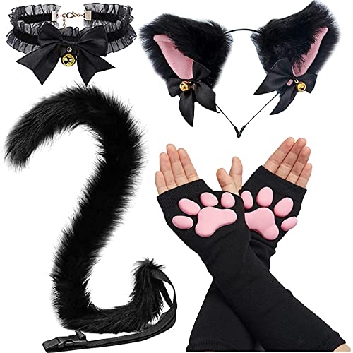 HOMEGYMFREE Cat Cosplay Costume, Soft 3D Kitten Toe Beans Cat Paw Gloves Tail Ears Collar Set, Anime Cosplay Set Black…