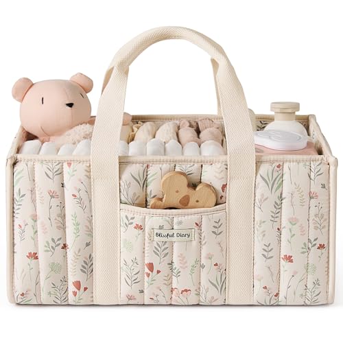 Blissful Diary Floral Diaper Caddy Organizer, Stylish Nursery Storage Basket, Gift for Baby Shower, Newborn Essentials, Floral Beige