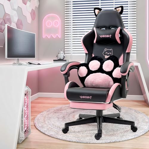 Vigosit Cute Gaming Chair with Cat Paw Lumbar Cushion and Cat Ears, Ergonomic Computer Chair with Footrest, Reclining PC Game Chair for Girl, Teen, Black Pink