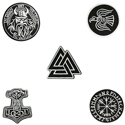 5pcs Set Vikings Iron On Patches Embroidered Norse Rune Badge in Odin WE Trust Emblem