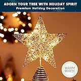 Joiedomi Christmas Tree Toppers, Glitter Silver Star Tree Topper Lighted with Warm White LED Lights for Xmas Tree Decorations, Holiday Party Indoor Decor