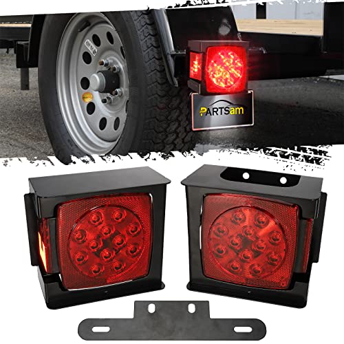 Partsam 2pcs Waterproof Square Led Trailer Light Kit Red LED Stop Turn Tail License Brake Running Light Lamp w Steel Mounting Boxes License Bracket for Under 80" Trailer Boat Truck IP68 DOT Approved