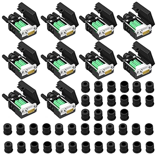 ANMBEST 10PCS DB9 Male Breakout Connector,DB9 Solderless RS232 D-SUB Serial to 9-pin Port Terminal Adapter Connector Breakout Board with Case Long Bolts Tail Pipe