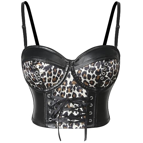 Charmian Women's Steampunk Gothic Spaghetti Straps PU Leather Leopard Clubwear Bustier Crop Top Bra Black X-Large