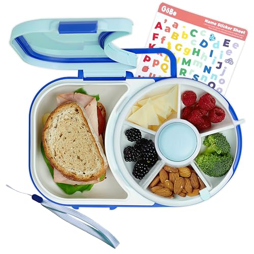 GoBe Kids Lunchbox with Small Snack Spinner Flip - Bundle with Hand Strap & Sticker Sheet, 2-in-1 Bento Style Lunch Container, 5 Small +1 Large Sandwich Compartment, BPA & PVC Free- Macaron Blue