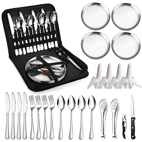 Camping Kitchen Utensils Set - 24 Piece Travel Silverware Cutlery Organizer with case Stainless Steel Reusable Cooking Utensils for 4 Person - Perfect for Hiking, Picnics, Backpacking & BBQ Mess Kit