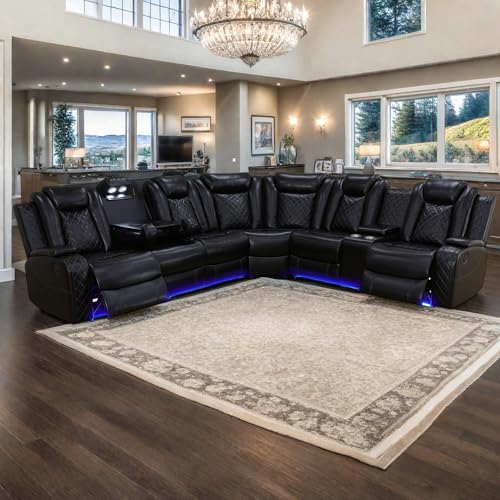 Power Recliner Sofa Sectional Sofa with LED Light for Living Room, Air Leather Reclining Corner Sectional Sofa Set, Cup Holder, Storage Console for Home Theater Seating (Black, Sectional)