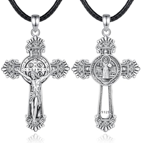EUDORA S925 Sterling Silver St Benedict Jesus Cross Crucifix San Benito Necklace for Women Men, Vintage Saint Benedict Jesus Cross Amulet Pendant Christian Jewelry Gifts for Women Mens, 20"+24"