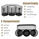 DysanVica Utensil Caddy Silverware Holder - 4 Compartment Metal Mesh Cutlery Fork Spoon Napkin Plate Organizer Flatware Storage Basket Party Kitchen Countertop Buffet Picnic Camping Outdoor BBQ Black